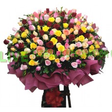 AGS017- 富麗堂皇- 128支玫瑰包括红色,粉色,黃色, 橙色,桃粉, 香賓及襯葉原木梯高架鮮花籃 